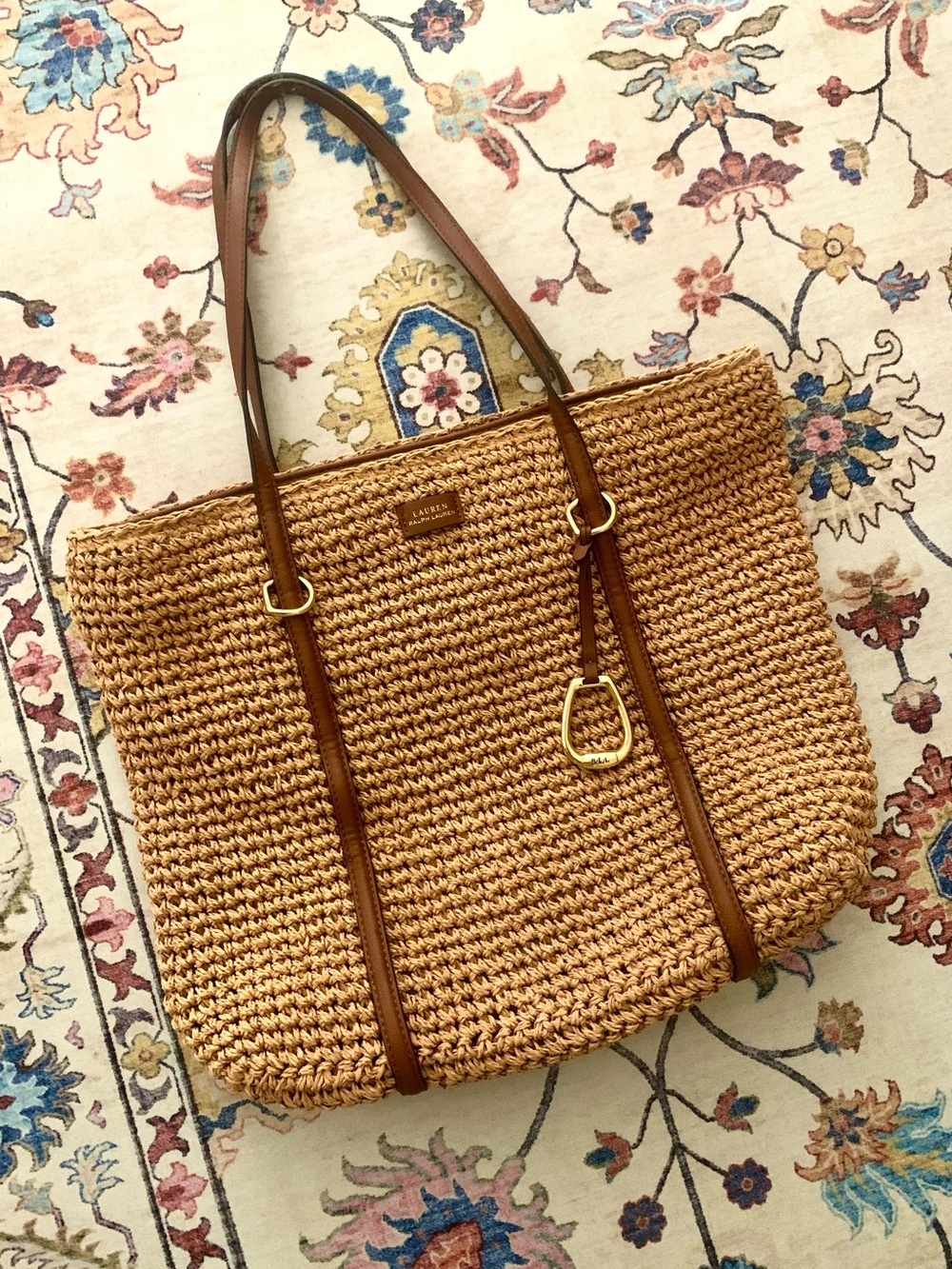 Ralph Lauren Tan Woven Straw Raffia Tote with Brown Leather Straps Gold Hardware